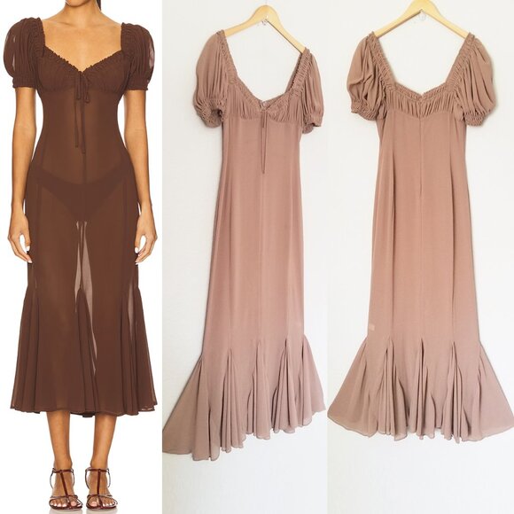 LPA Davina Midi Dress in Mocha Latte Size S Sheer Chiffon Milkmaid Mermaid $259 - Picture 1 of 15